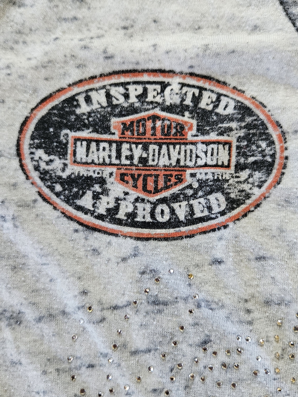 Harley-Davidson Burnout Bedazzled V-Neck Graphic Tee Gray/Orange Size XL - Picture 8 of 8